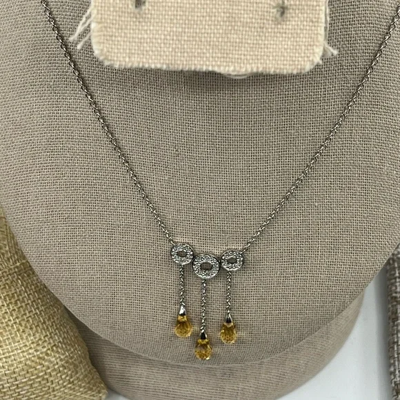Vintage 10KT White Gold Necklace with Citrine Briolette Drops & Diamond Accents - Picture 4 of 15